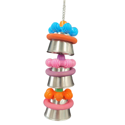3 beads, 3 rings, 3 plastic flowers, 3 stainless steel cups turned upside down to make this bird toy
