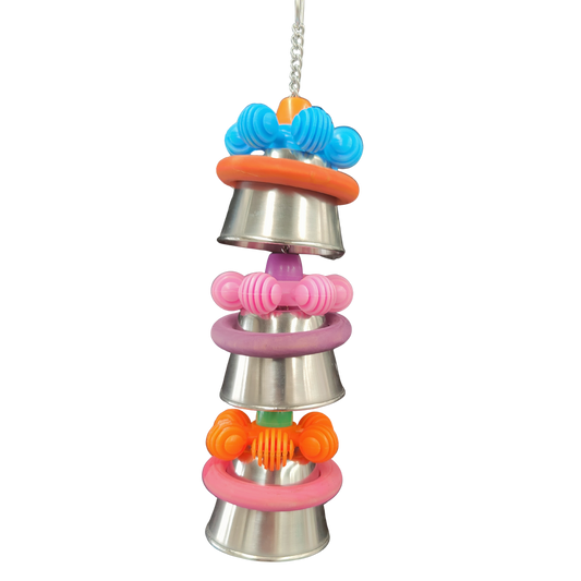 3 beads, 3 rings, 3 plastic flowers, 3 stainless steel cups turned upside down to make this bird toy