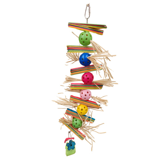 pop sticks, balls with paper strips, joined together to make a tower with a croc on the bottom of the bird toy