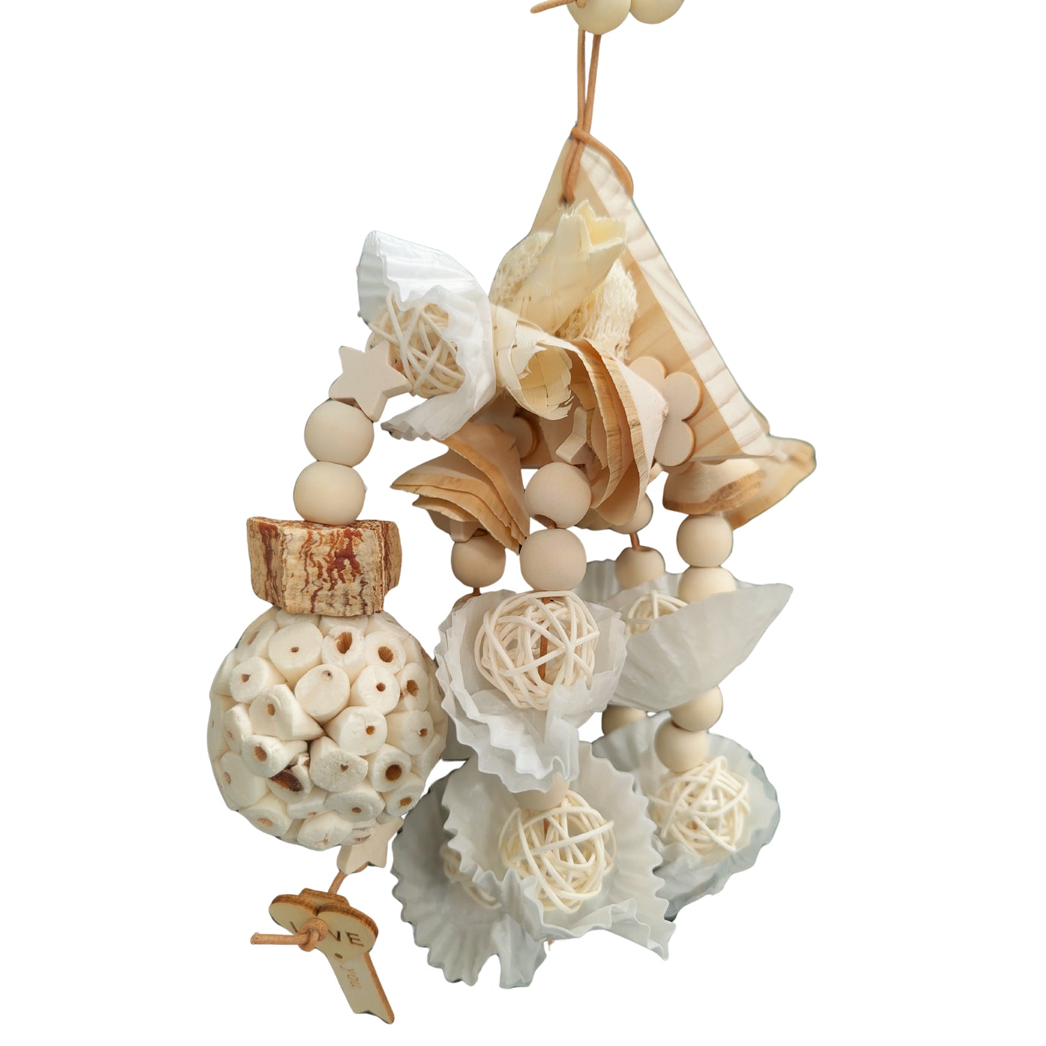 triangle pieces of wood with sola ball and cupcakes with rattan balls inside hanging off the triangle bird toy