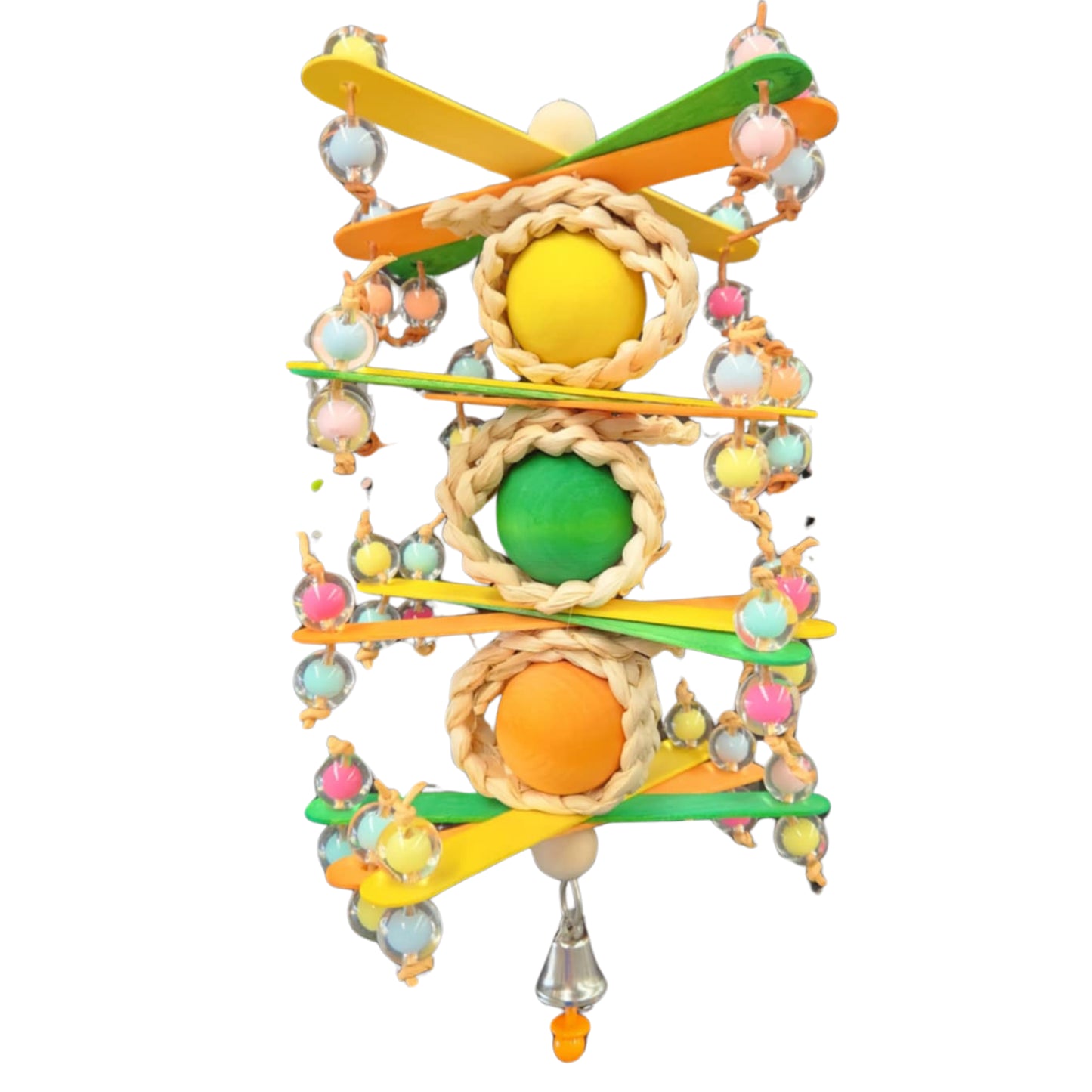 Tripple wood balls separated by pop sticks with beads bird toy