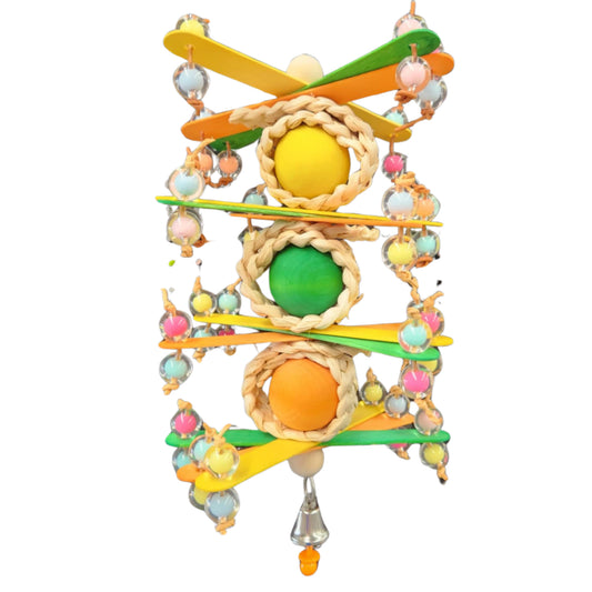 Tripple wood balls separated by pop sticks with beads bird toy