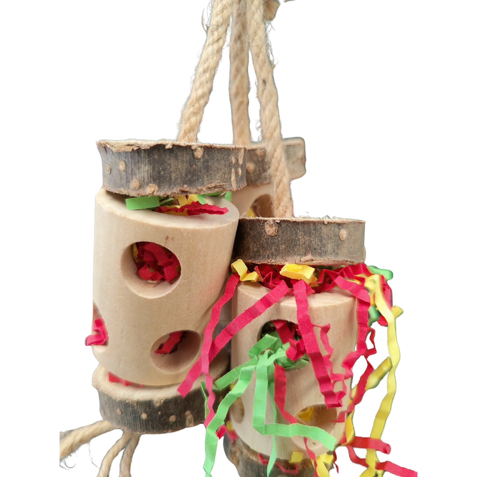 close up of triple barrels bird toy