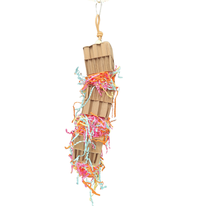 three shredable cardboard clusters form a bird toy tower