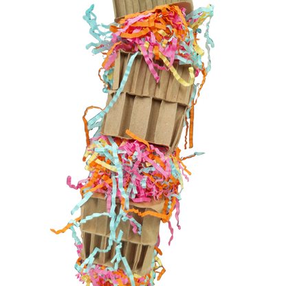 close up of the tripple cardboard tower shredable bird toy