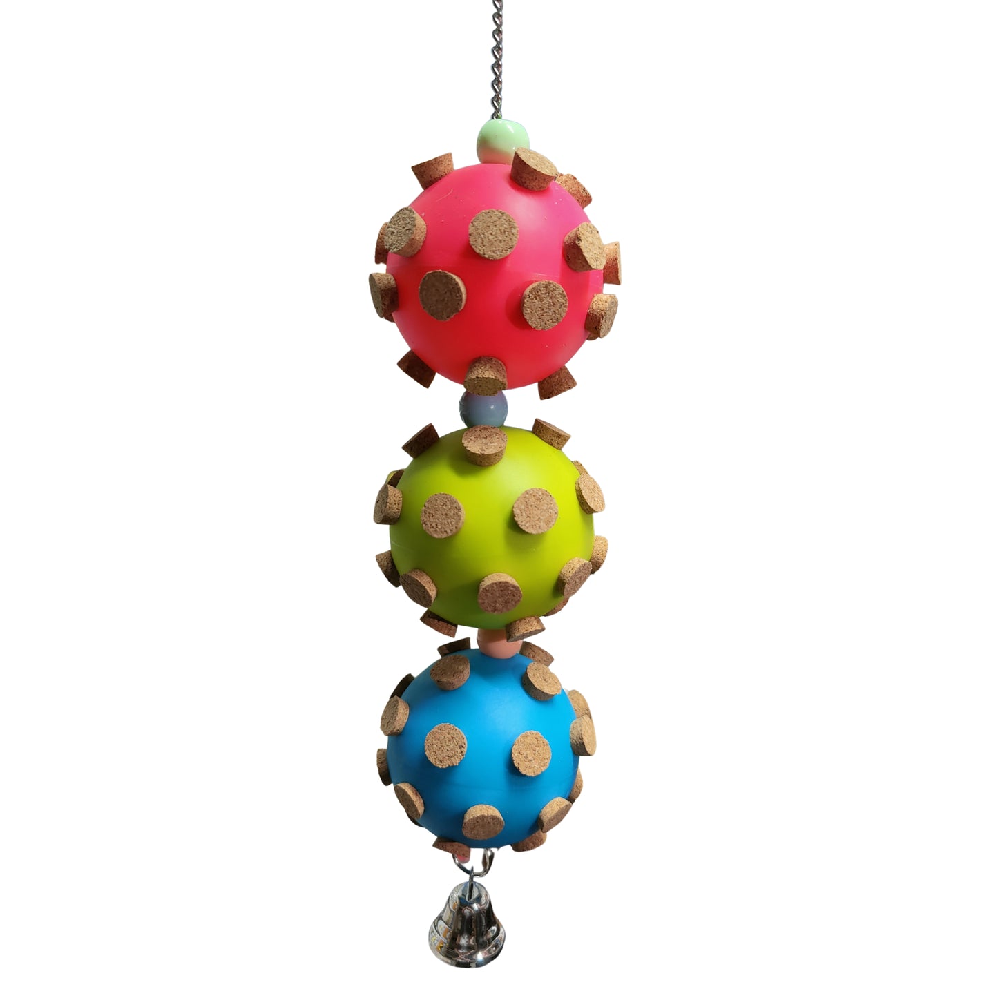 three plastic balls with cork bird toy