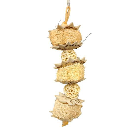 flower lufa cane ball triple stacked to make this bird toy