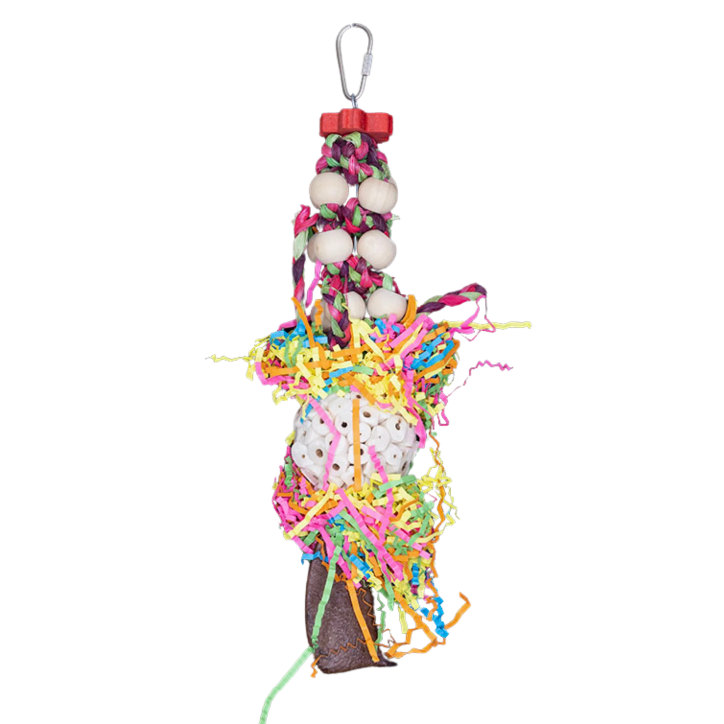 This strange looking bird toy has lots of different components, for medium size birds to shred, play with and destroy.
