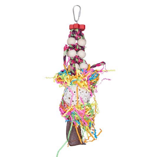 This strange looking bird toy has lots of different components, for medium size birds to shred, play with and destroy.