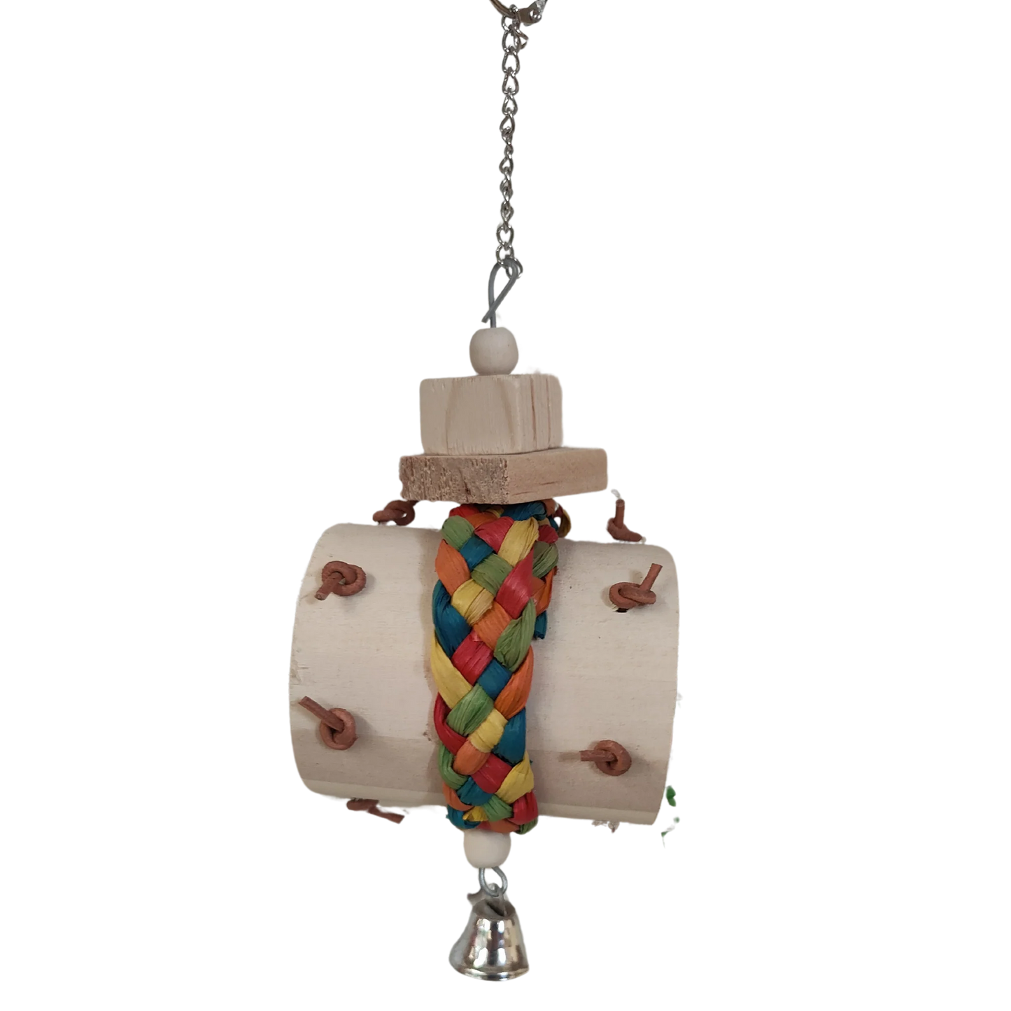 Wood barrel, coloured palm leaf weave strap, wood blocks, metal chain all joined together with a bell on the bottom. Natural tough but wreckable. Suitable for medium size birds.