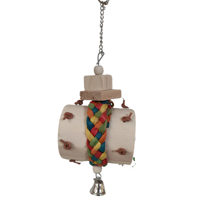 Wood barrel, coloured palm leaf weave strap, wood blocks, metal chain all joined together with a bell on the bottom. Natural tough but wreckable. Suitable for medium size birds.