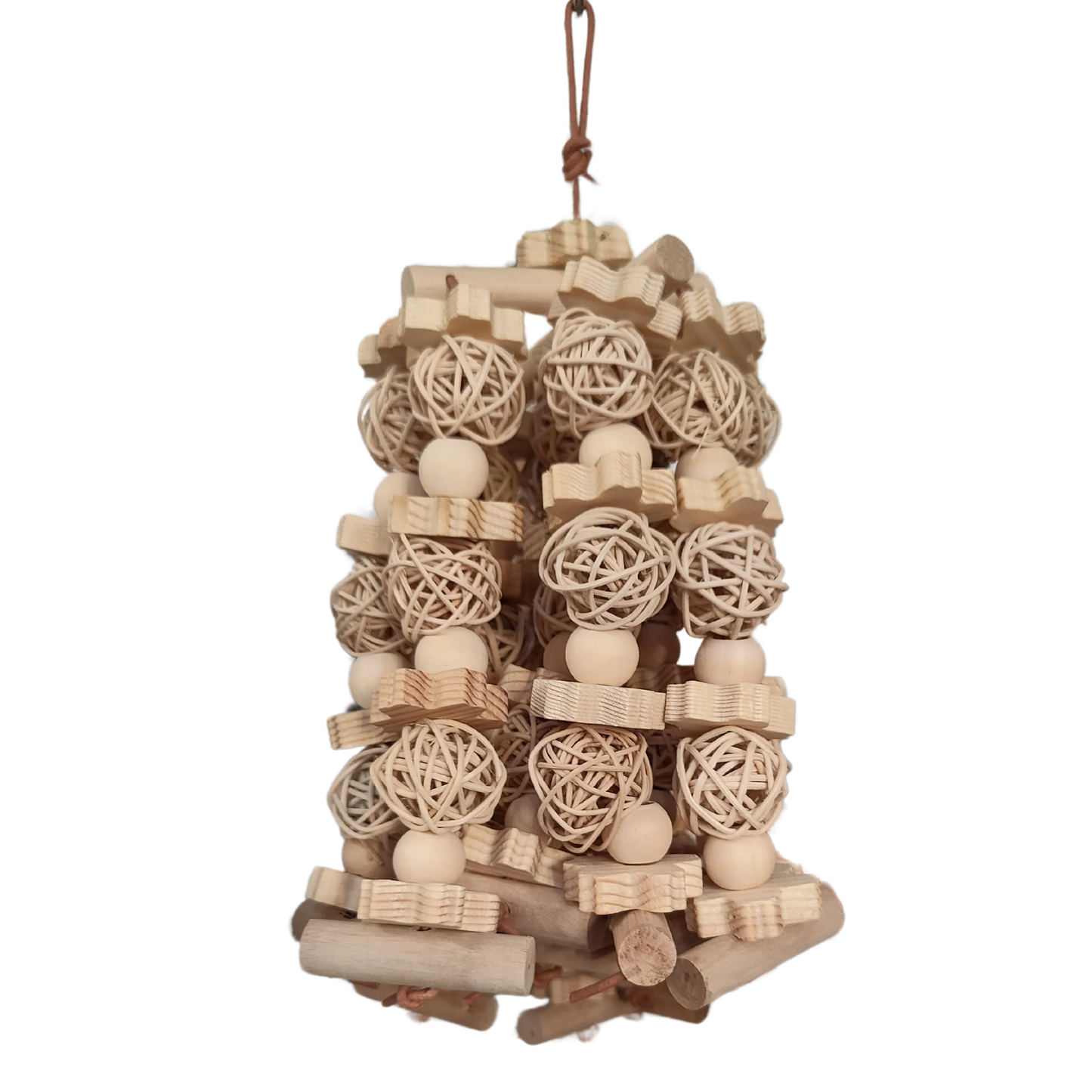 Consisting of lots of wooden stars, cane balls, wood beads and wood blocks all joined together with leather cord to form a natural bird toy tower. Medium size birds will take ages to chew through this toy.
