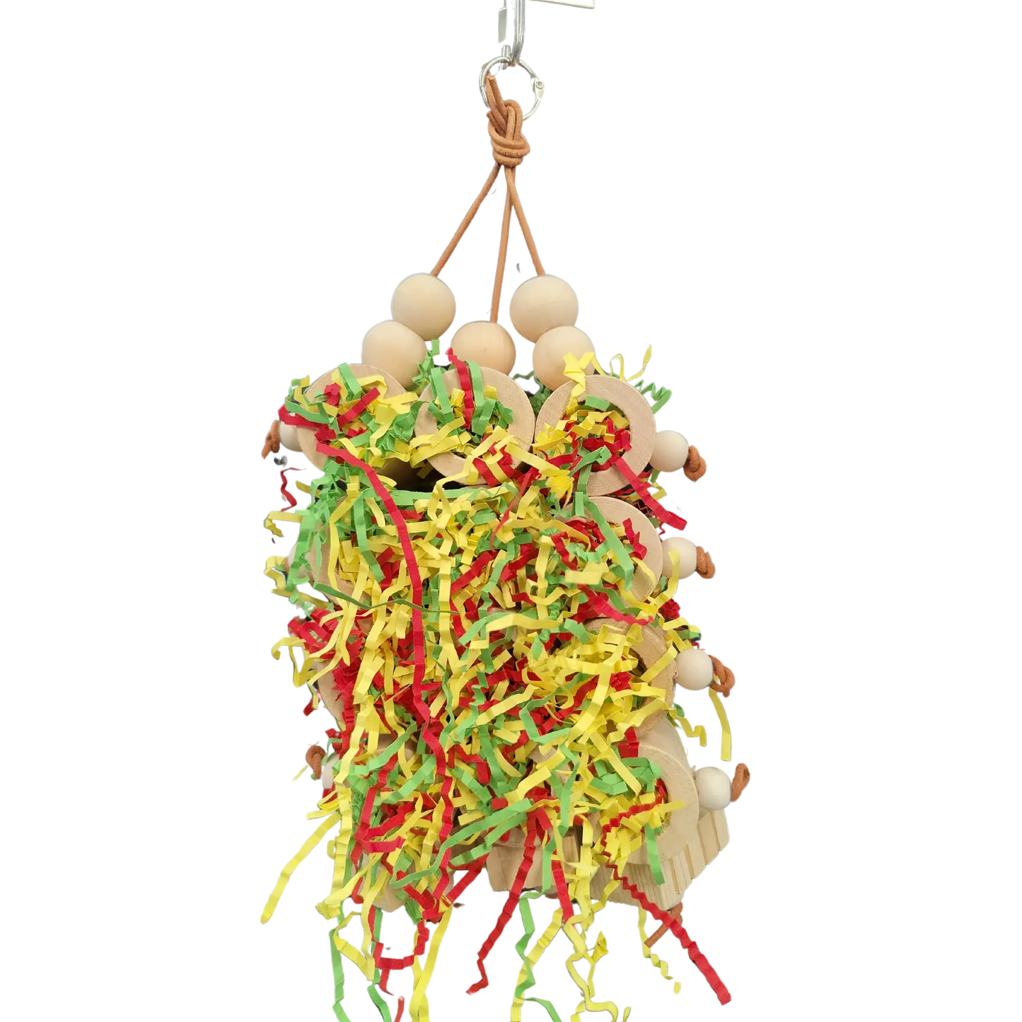 12 round wooden blocks with holes in the center all joined together with leather cord. Can be used to put treats in or to fill with shredded paper. Suitable for medium sized birds.