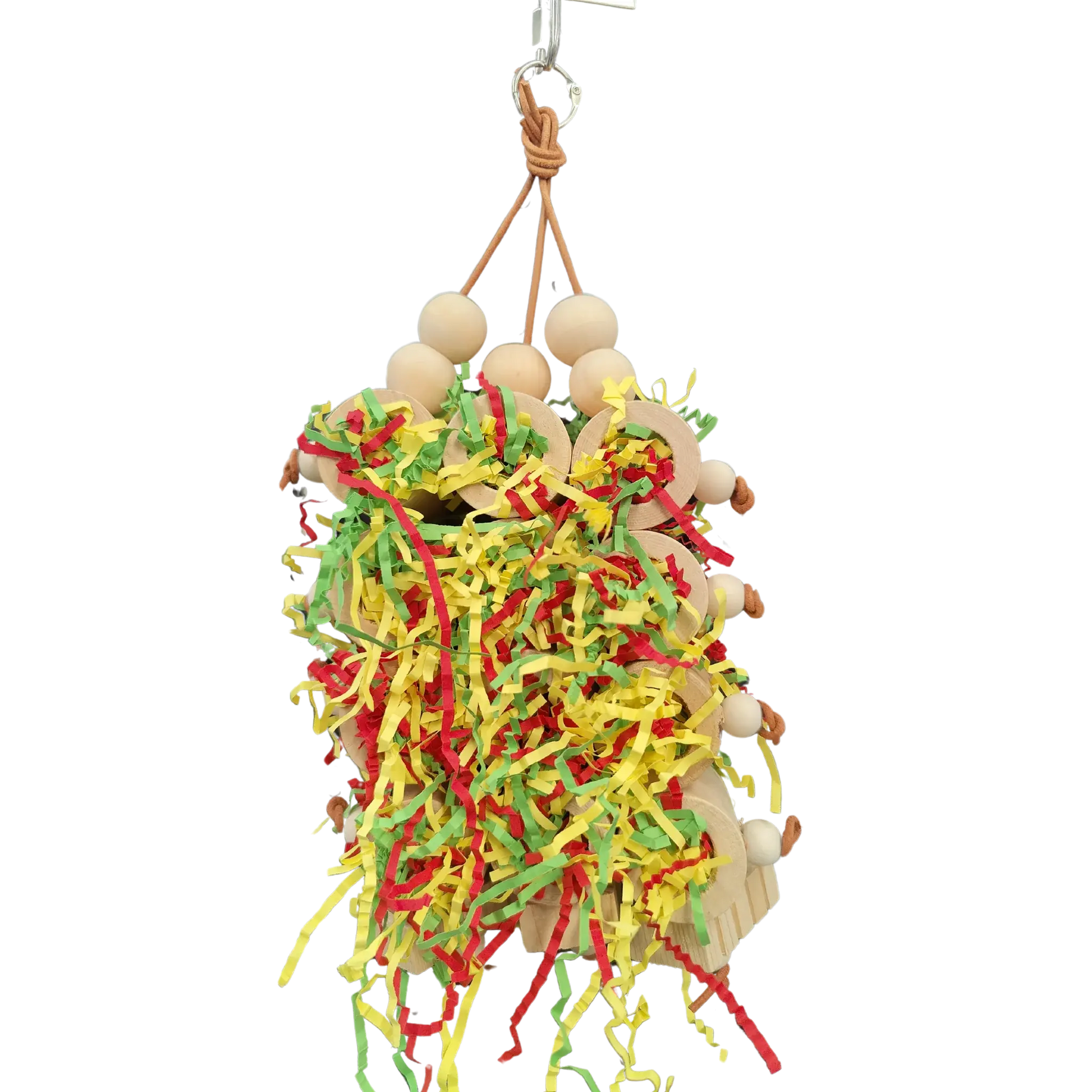 12 round wooden blocks with holes in the center all joined together with leather cord. Can be used to put treats in or to fill with shredded paper. Suitable for medium sized birds.