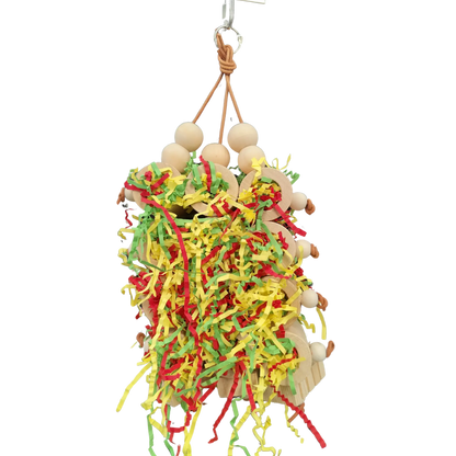 12 round wooden blocks with holes in the center all joined together with leather cord. Can be used to put treats in or to fill with shredded paper. Suitable for medium sized birds.