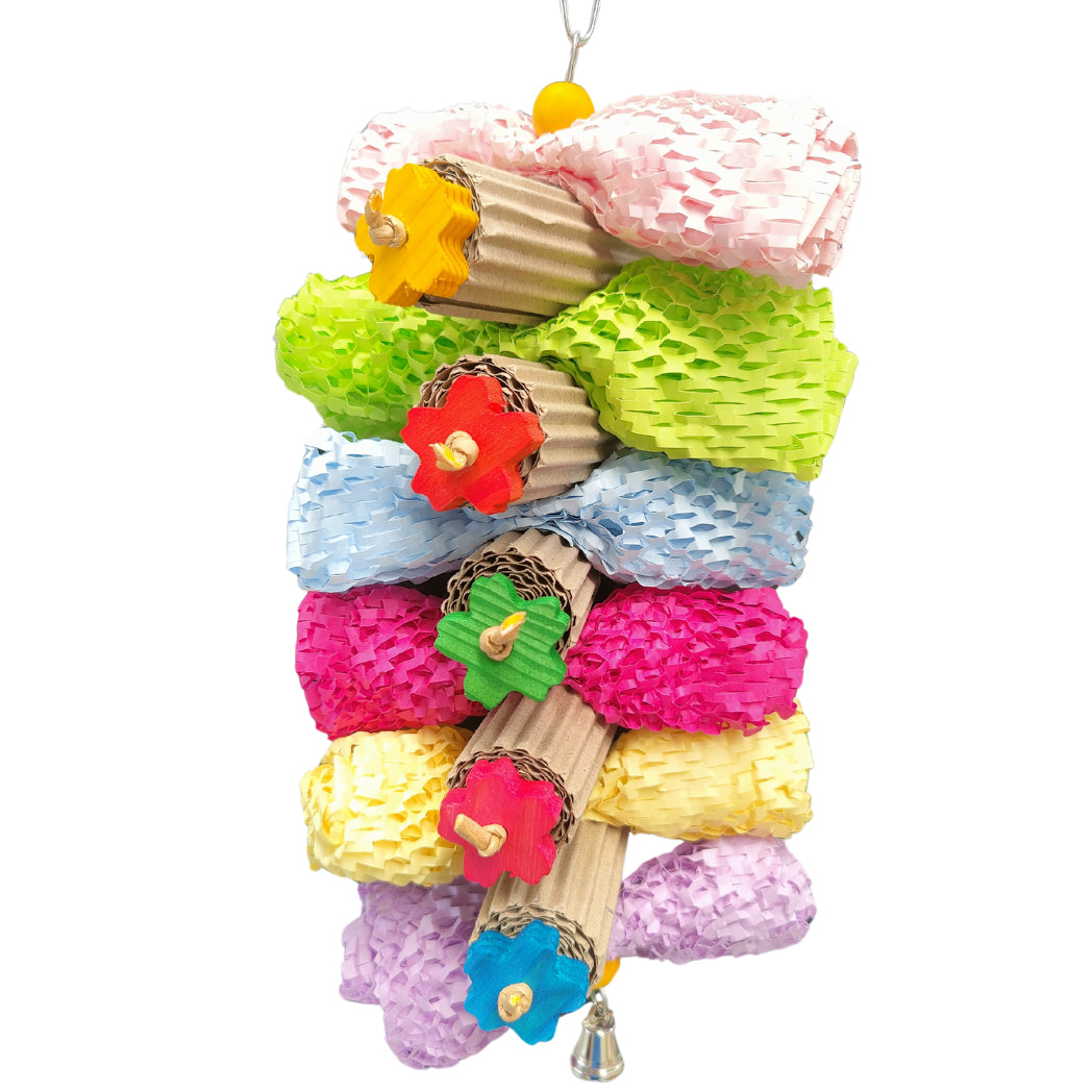 coloured soft paper inbetween rolled cardboard bird toy
