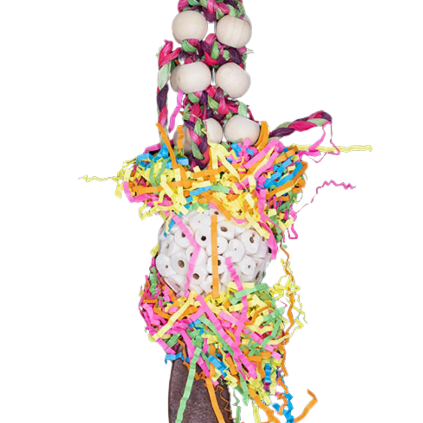 Closeup Image - This strange looking bird toy has lots of different components, for medium size birds to shred, play with and destroy. Measurements: 30cm x 15cm
