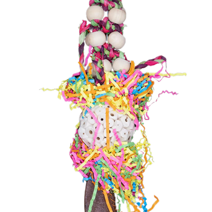 Closeup Image - This strange looking bird toy has lots of different components, for medium size birds to shred, play with and destroy. Measurements: 30cm x 15cm

