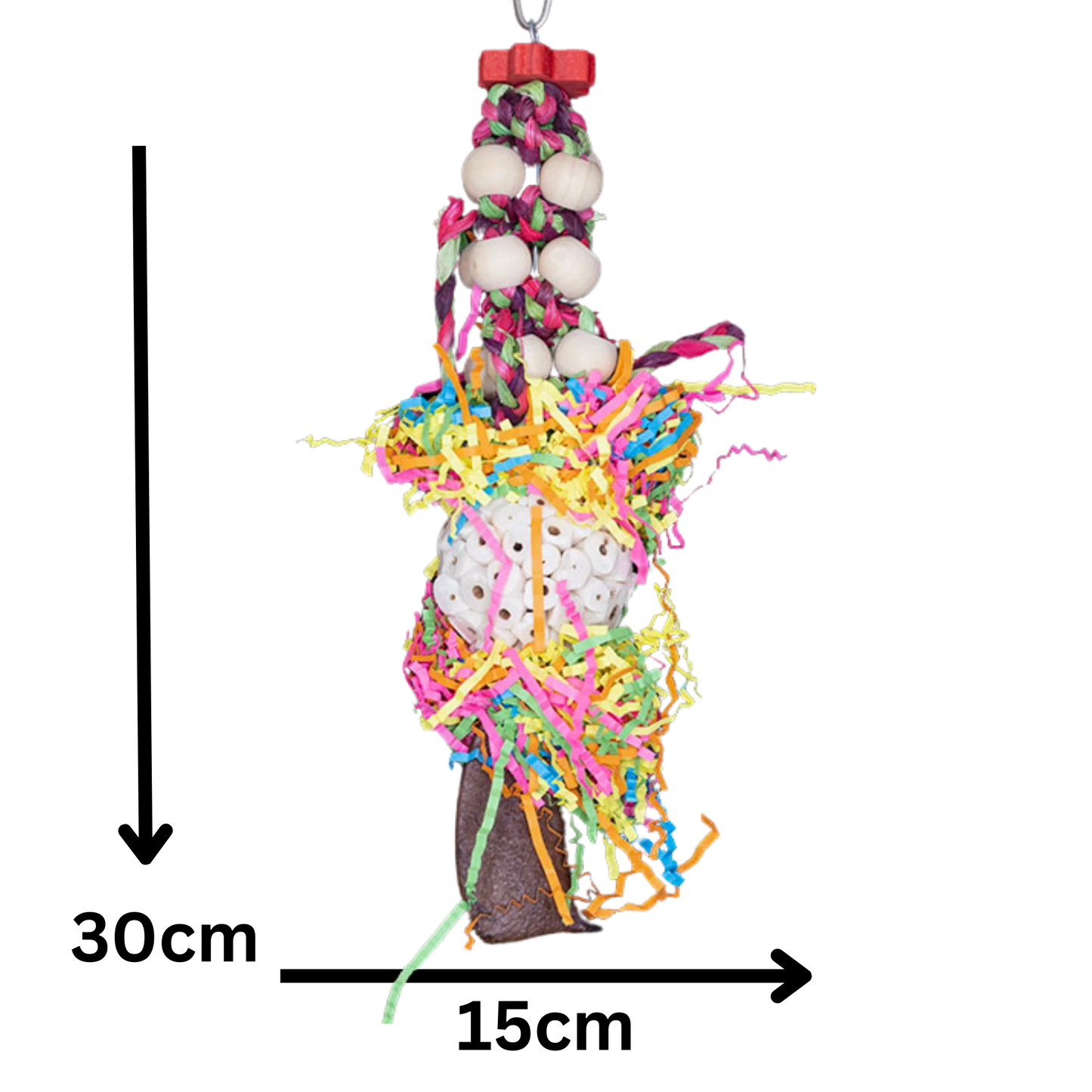 Measurements - This strange looking bird toy has lots of different components, for medium size birds to shred, play with and destroy. Measurements: 30cm x 15cm