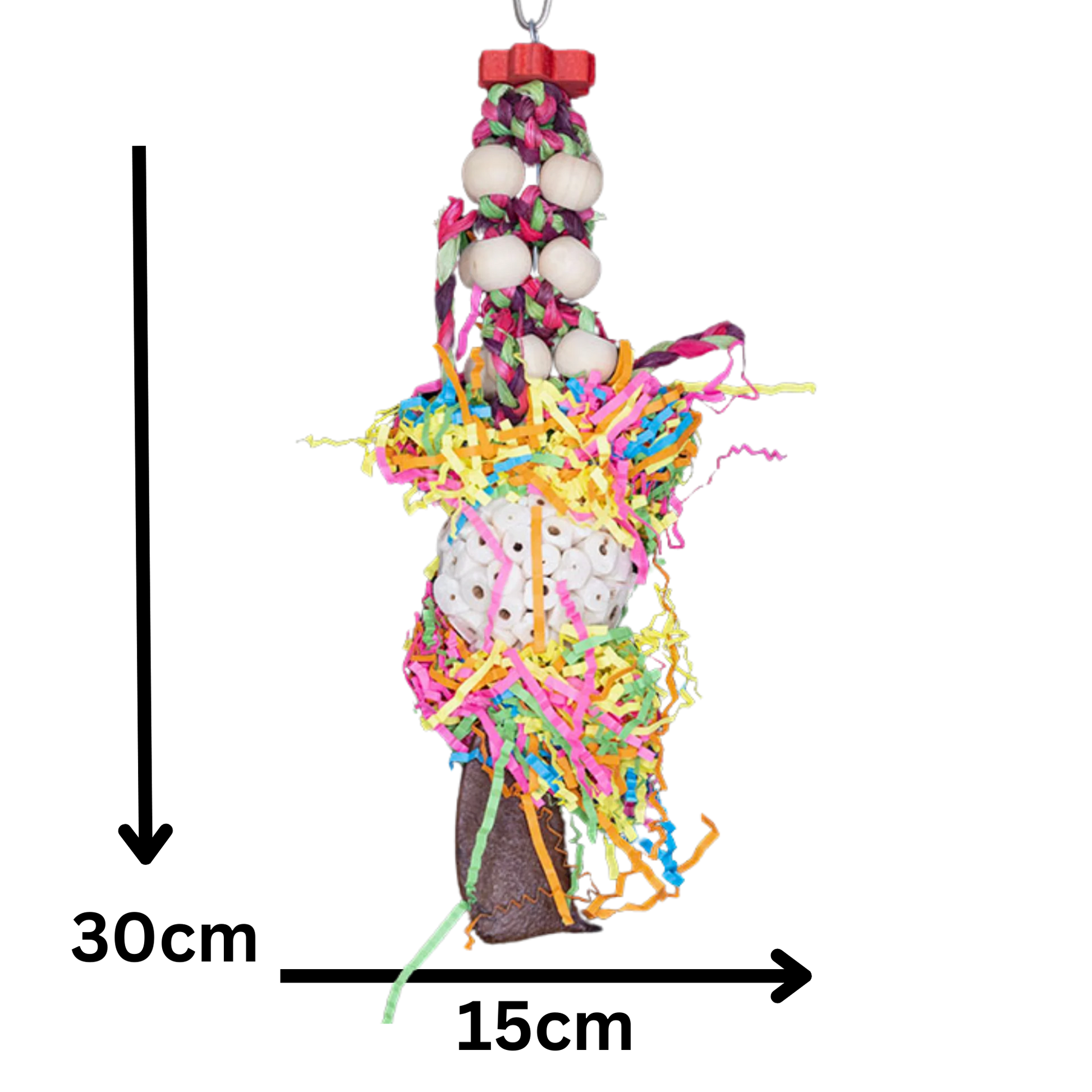 Measurements - This strange looking bird toy has lots of different components, for medium size birds to shred, play with and destroy. Measurements: 30cm x 15cm