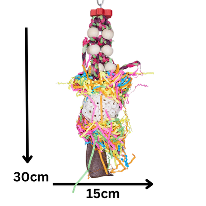 Measurements - This strange looking bird toy has lots of different components, for medium size birds to shred, play with and destroy. Measurements: 30cm x 15cm