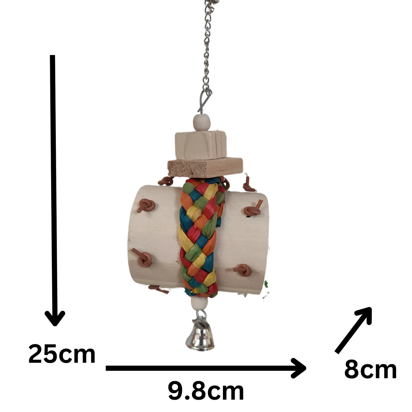 Measurements 25cm x 9.8cm x 8cm Wood barrel, coloured palm leaf weave strap, wood blocks, metal chain all joined together with a bell on the bottom. Natural tough but wreckable. Suitable for medium size birds.