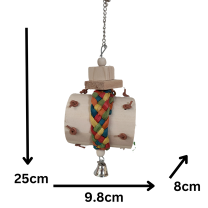 Measurements 25cm x 9.8cm x 8cm Wood barrel, coloured palm leaf weave strap, wood blocks, metal chain all joined together with a bell on the bottom. Natural tough but wreckable. Suitable for medium size birds.