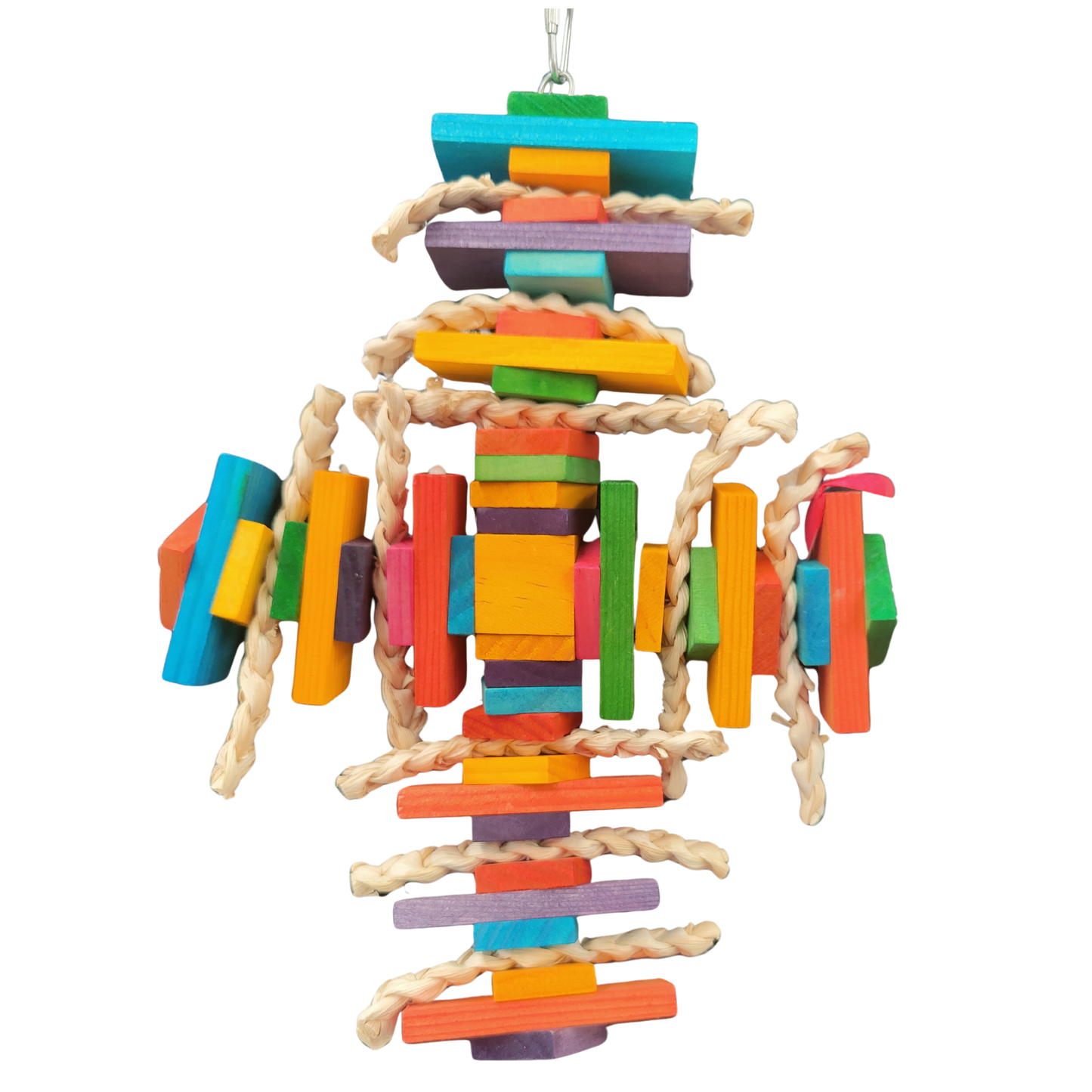 colourful bird toy with coloured wooden blocks