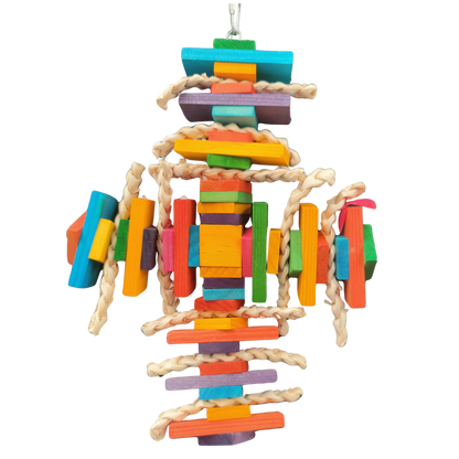 colourful bird toy with coloured wooden blocks