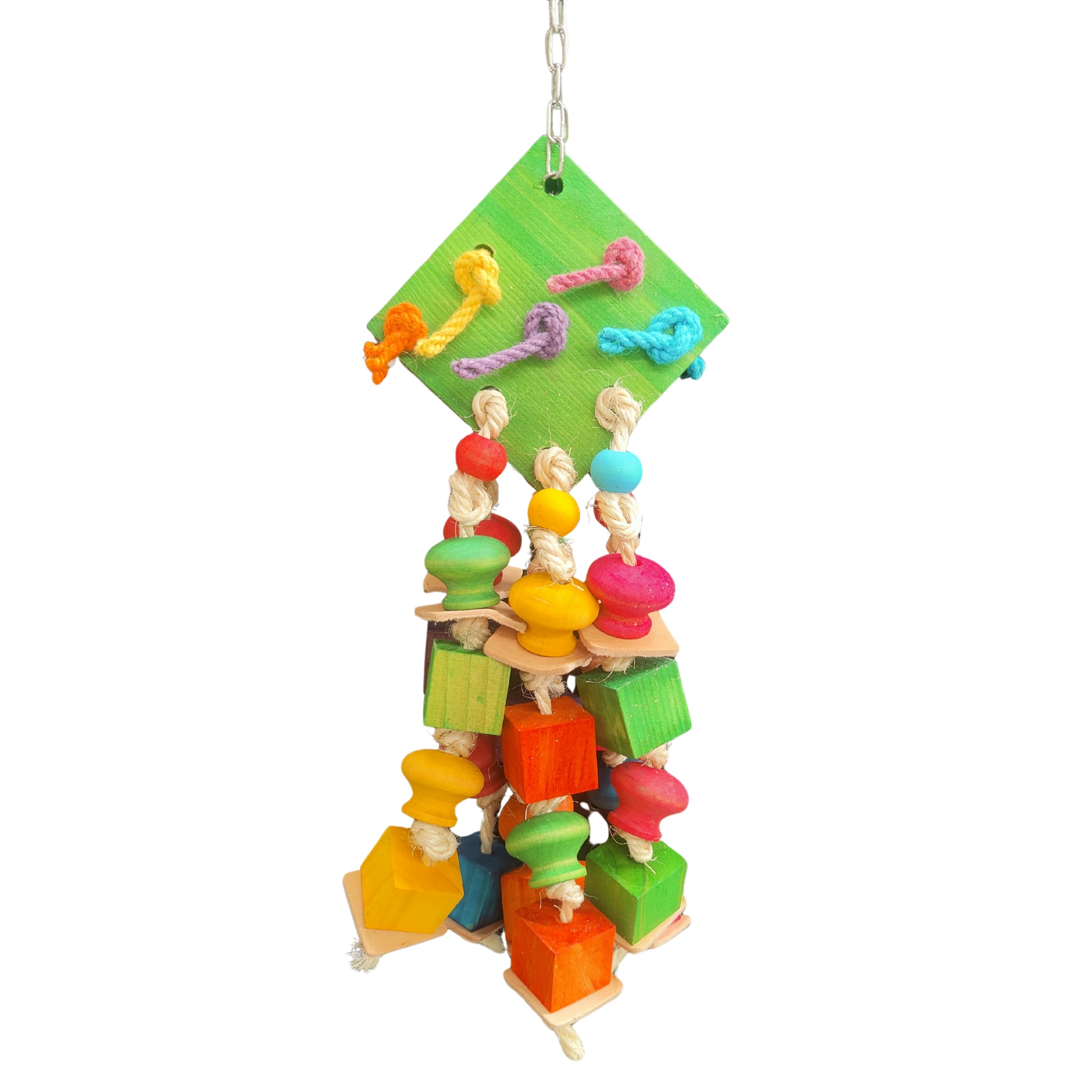 wood diamond bird toy with wood shapes dangling from it