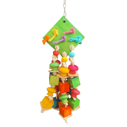 wood diamond bird toy with wood shapes dangling from it