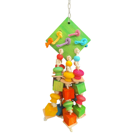 wood diamond bird toy with wood shapes dangling from it