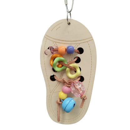 wood shoe laced with beads bird toy