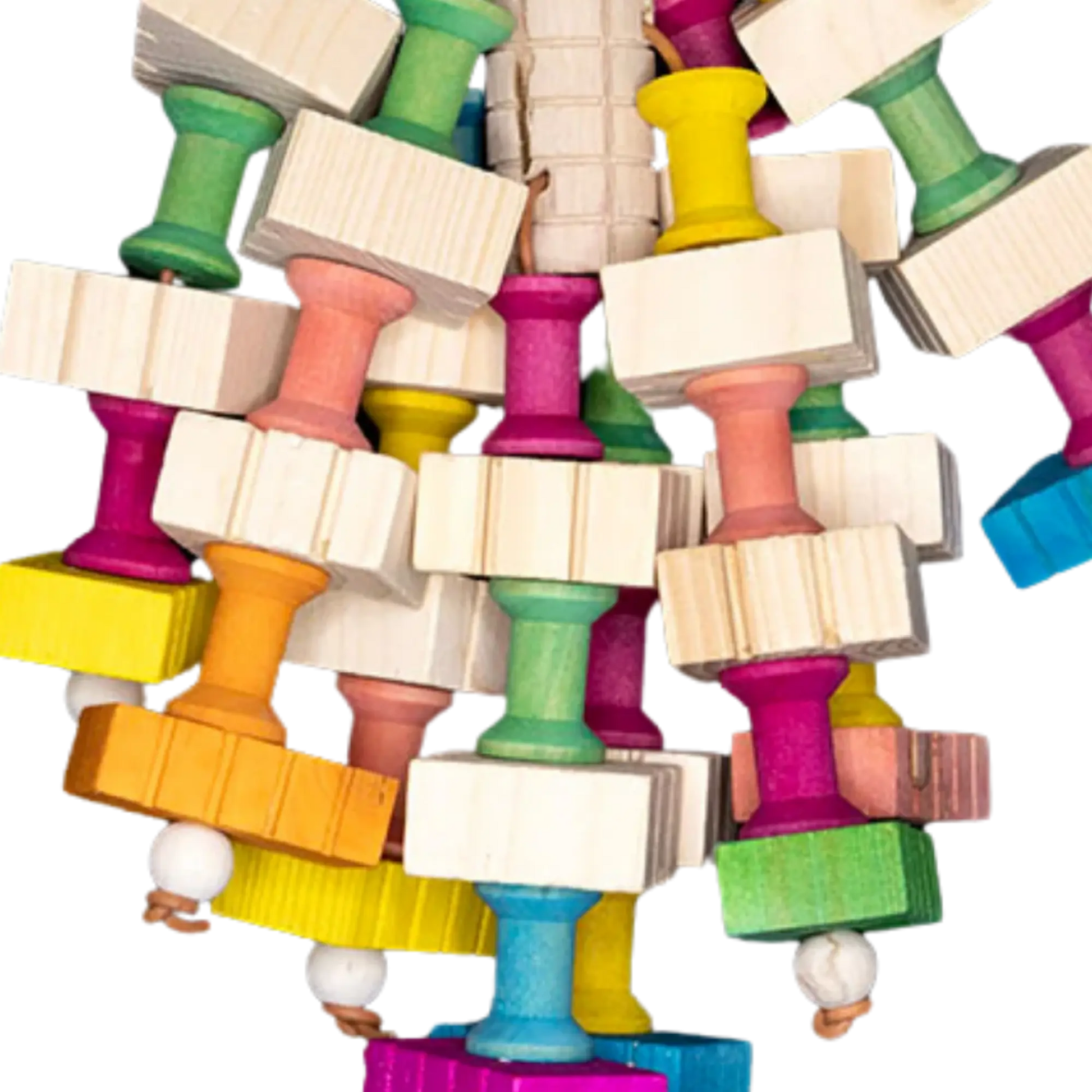 Built around a sturdy wooden block, with leather cord threaded through it, this toy is packed with coloured wooden spindles and blocks, offering a wonderful variety of textures and shapes for your bird to explore.