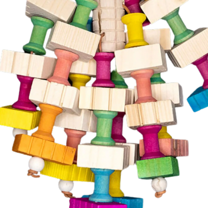 Built around a sturdy wooden block, with leather cord threaded through it, this toy is packed with coloured wooden spindles and blocks, offering a wonderful variety of textures and shapes for your bird to explore.