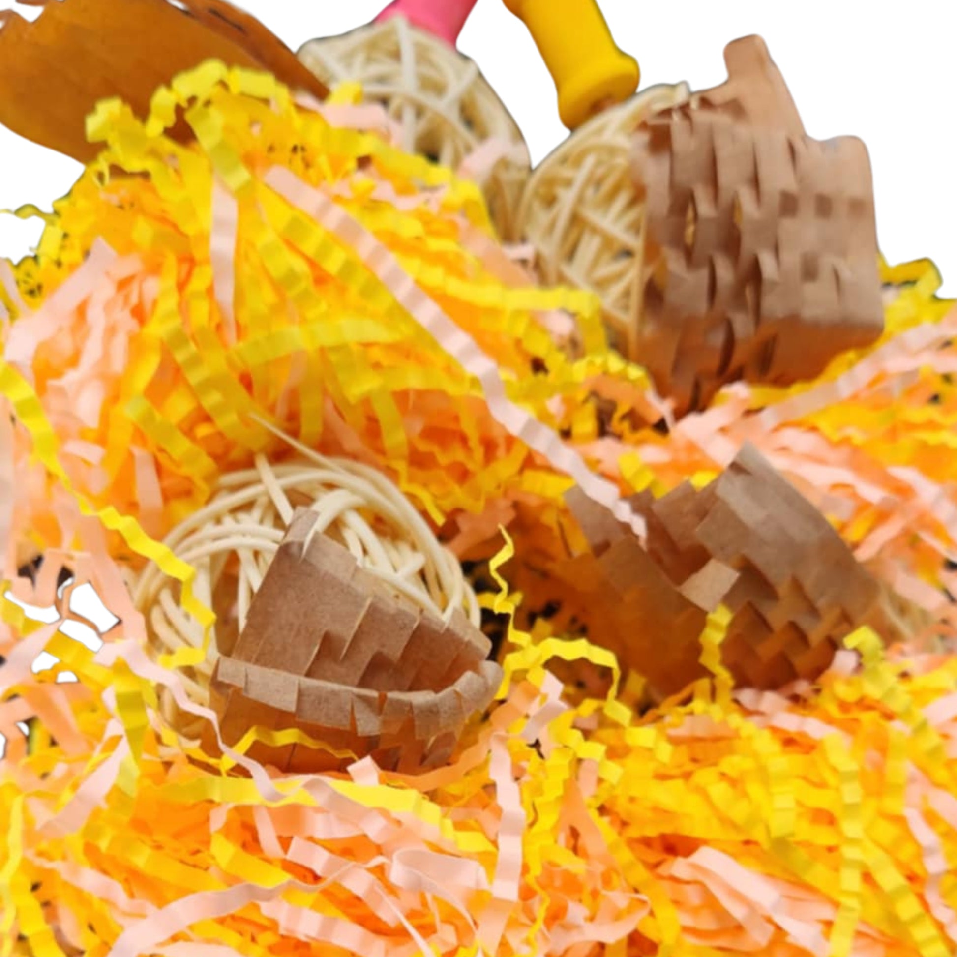 close up yellow shaggy shred bird toy